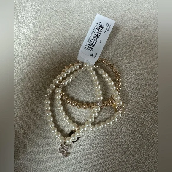 Karl Lagerfeld Faux Pearl & Gold tone 3pc Stretch Charmed Bracelet Set NWT - Picture 2 of 10